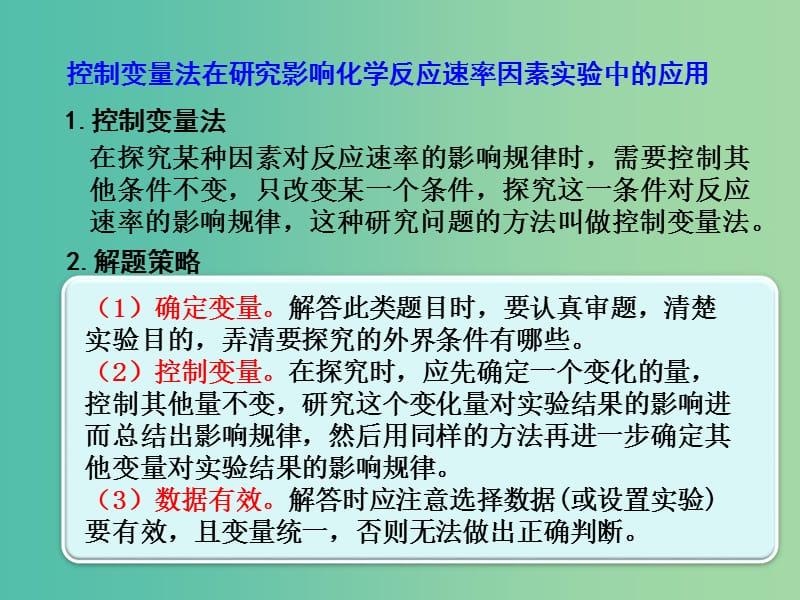 高考化学一轮复习 7.3方法规律 控制变量法在研究影响化学反应速率因素实验中的应用课件.ppt_第3页