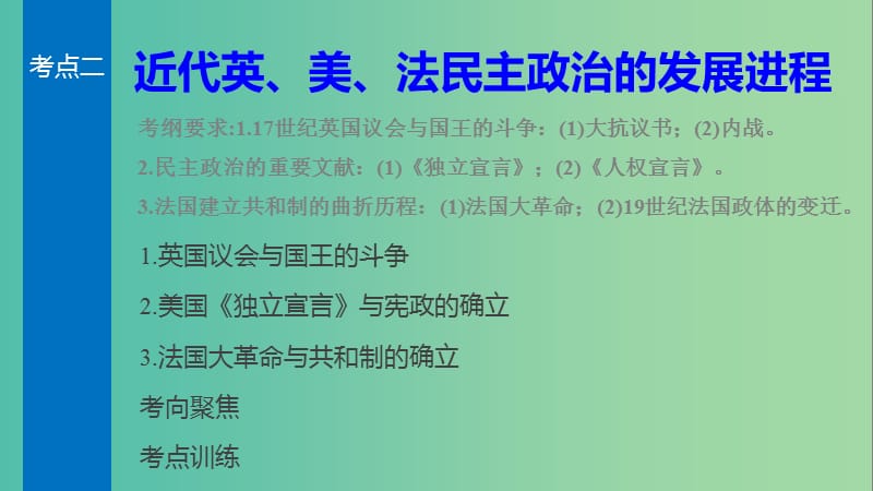 高考历史一轮复习 近代社会的民主思想与实践 考点2 近代英、美、法民主政治的发展进程课件 岳麓版.ppt_第2页