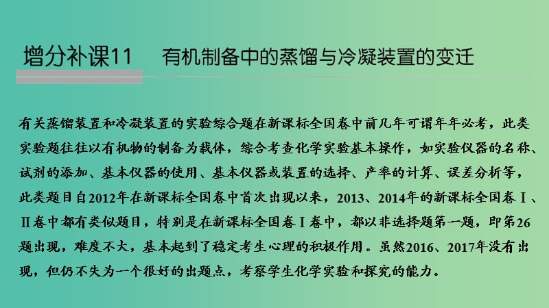 高考化学总复习第9章有机化合物增分补课11有机制备中的蒸馏与冷凝装置的变迁配套课件新人教版.ppt_第1页