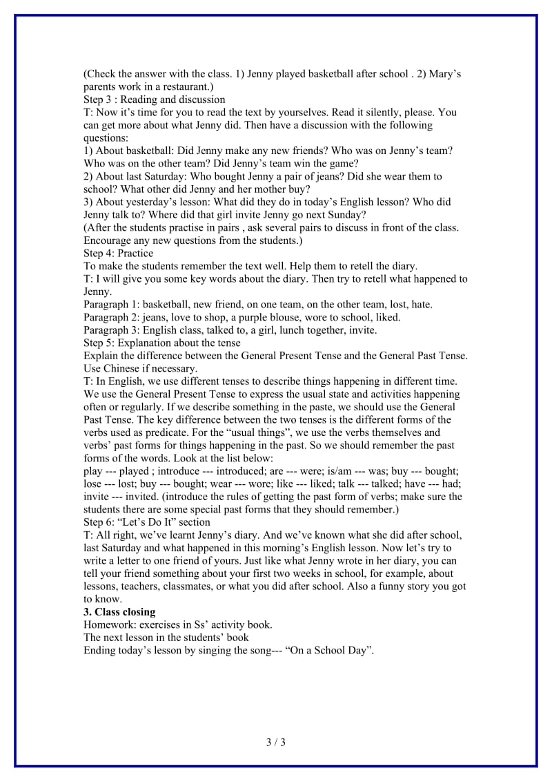 八年级英语上册Unit1MeandMyClassLesson7Jenny’sWeek教案冀教版.doc_第3页