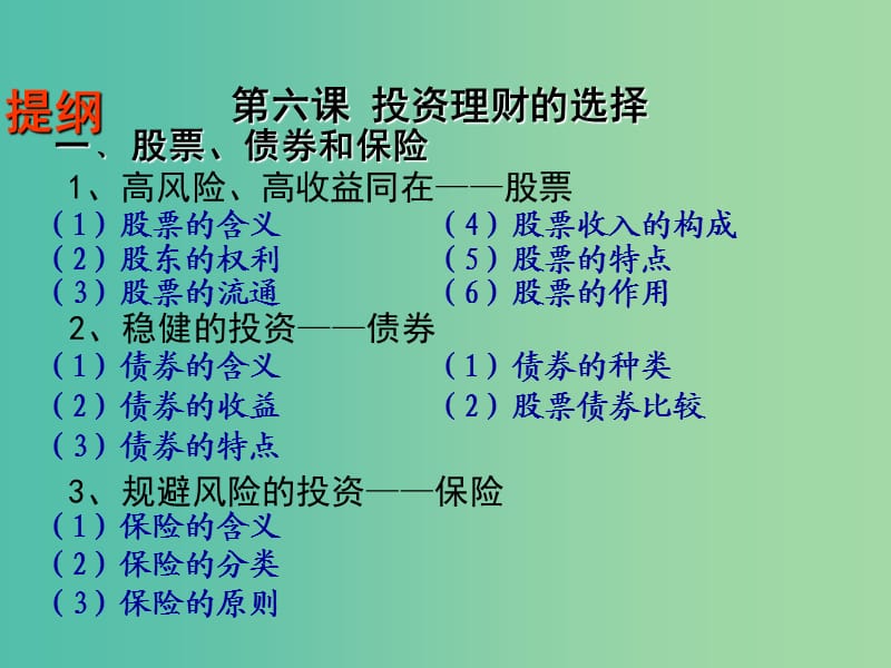 高中政治《6.2股票、债券和保险》课件 新人教版必修1.ppt_第1页