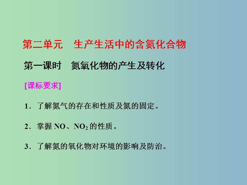 高中化学专题4硫氮和可持续发展第二单元生产生活中的含氮化合物第1课时氮氧化物的产生及转化课件苏教版.ppt_第1页