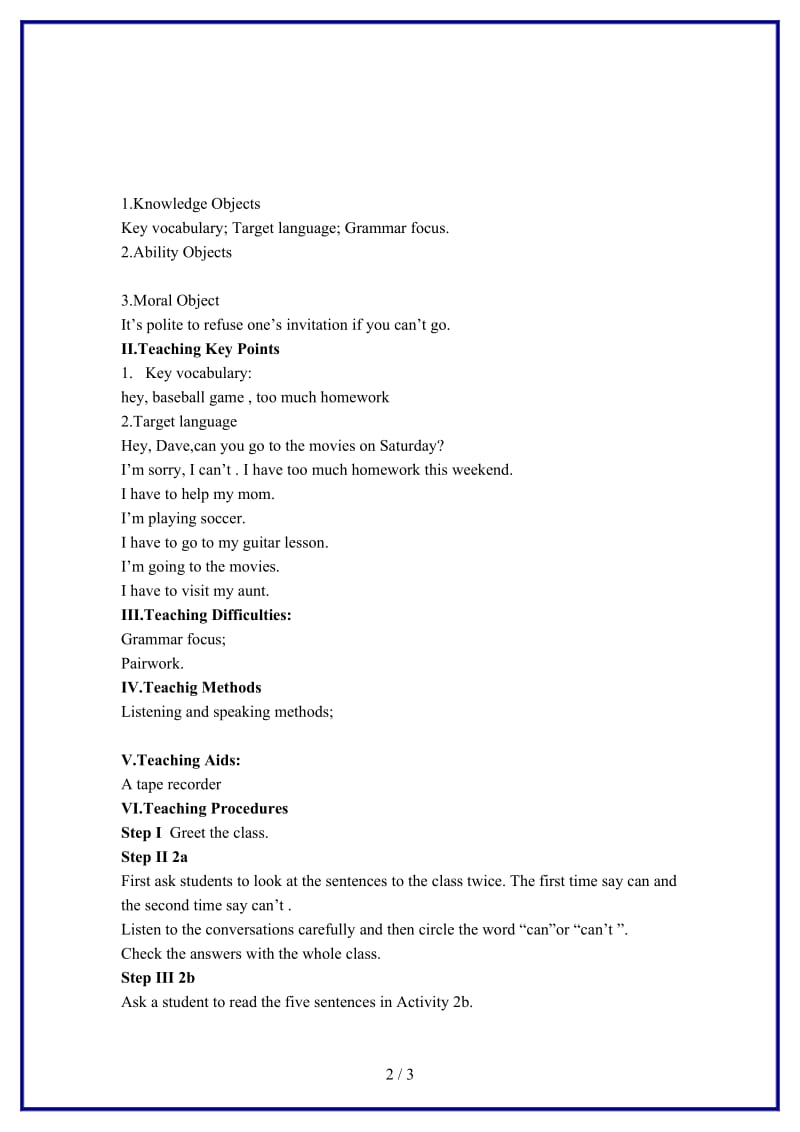 八年级英语上册Uint5Canyoucometomyparty教案人教新目标版.doc_第2页