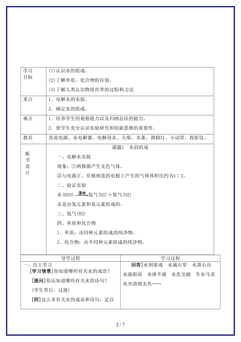 九年级化学上册第三单元自然界的水课题1水的组成学案（无答案）新人教版.doc_第2页