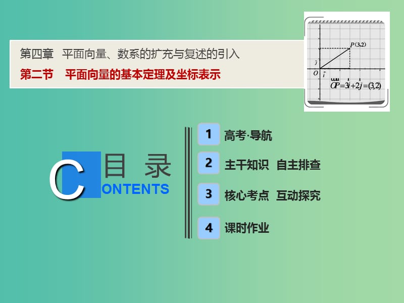 2019届高考数学一轮复习 第四章 平面向量、数系的扩充与复述的引入 第二节 平面向量的基本定理及坐标表示课件.ppt_第1页