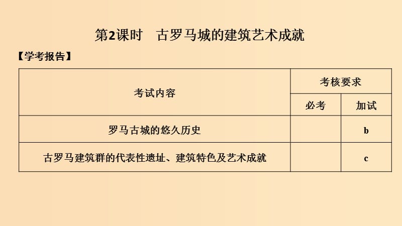 2018-2019版高中歷史 第3章 古代希臘、羅馬的歷史遺跡 第2課時 古羅馬城的建筑藝術成就課件 新人教版選修6.ppt_第1頁