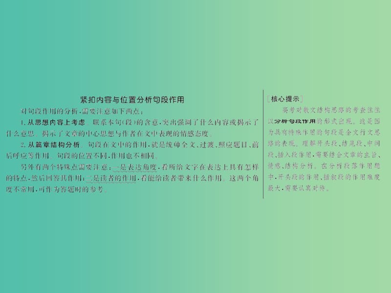 2019年高考语文高分技巧二轮复习 专题二 抢分点三 分析散文的句段作用——紧扣内容与位置课件.ppt_第2页