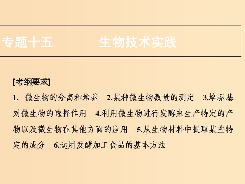 2018版高考生物二輪復習 第一部分 專題十五 生物技術(shù)實踐課件 新人教版.ppt_第1頁