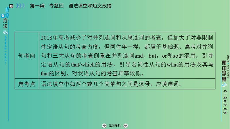 2019高考英语二轮复习 600分策略 专题4 语法填空和短文改错 第1讲 语法必备 重点4 经常考查的并列句和三大从句课件.ppt_第2页