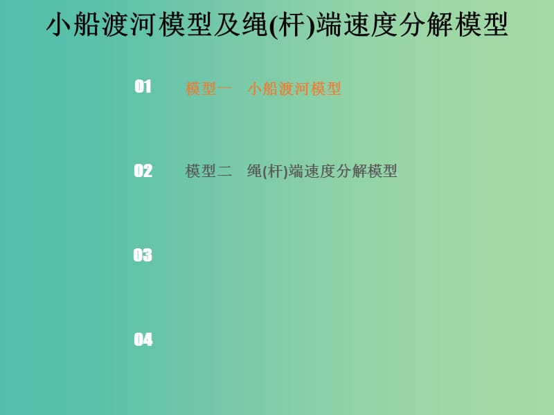 2019版高考物理总复习 第四章 曲线运动 万有引力与航天 4-1-3 物理建模 小船渡河模型及绳(杆)端速度分解模型课件.ppt_第1页