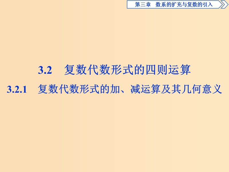 2018-2019学年高中数学 第三章 数系的扩充与复数的引入 3.2.1 复数代数形式的加、减运算及其几何意义课件 新人教A版选修2-2.ppt_第1页