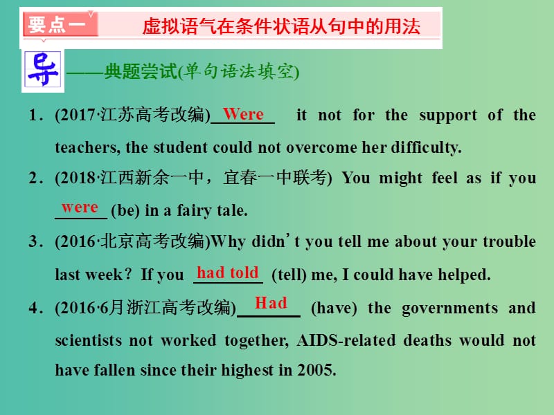 2019版高考英语一轮复习 语法专项 专题六 情态动词和虚拟语气 语法项目（二）虚拟语气课件 北师大版.ppt_第3页