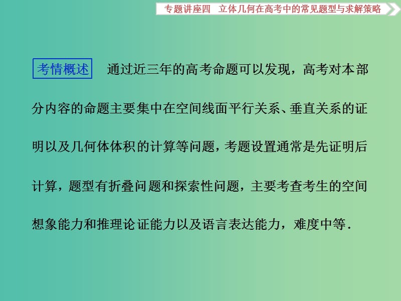 高考数学一轮复习专题讲座4立体几何在高考中的常见题型与求解策略课件文北师大版.ppt_第2页