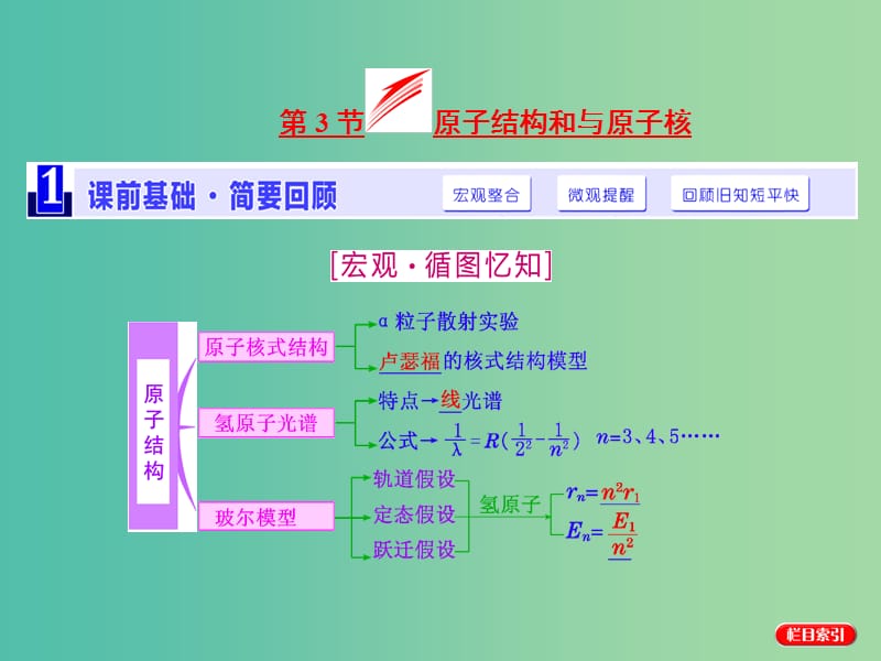 高考物理一轮复习 第十三章 动量 近代物理初步 第3节 原子结构和与原子核课件 新人教版选修3-5.ppt_第1页