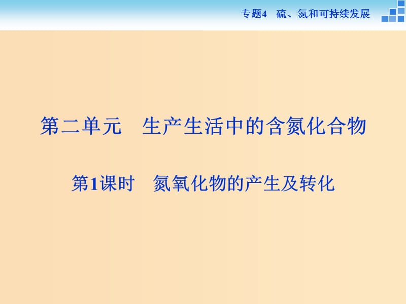 2018-2019年高中化学 专题四 硫、氮和可持续发展 第二单元 生产生活中的含氮化合物 第1课时 氮氧化物的产生及转化课件 苏教版必修1.ppt_第1页