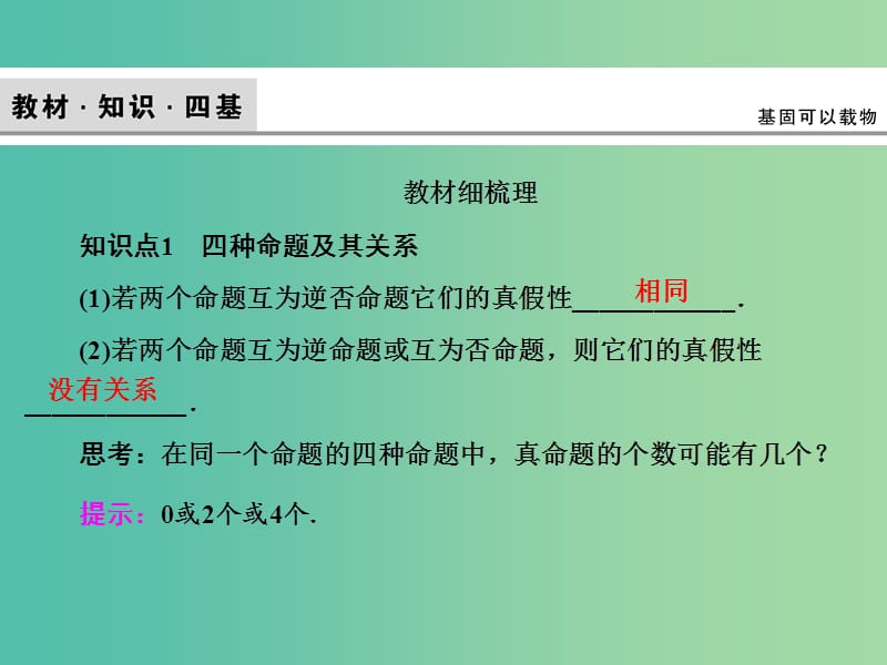 2020高考数学大一轮复习 第一章 集合与常用逻辑用语、函数 第二节 常用逻辑用语课件 理 新人教A版.ppt_第3页