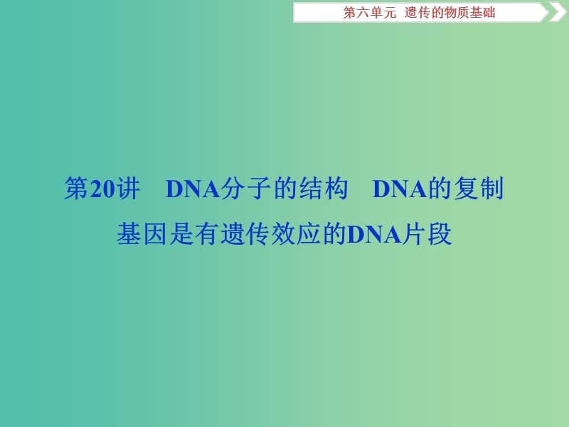 2019届高考生物一轮复习 第六单元 遗传的物质基础 第20讲 DNA分子的结构 DNA的复制 基因是有遗传效应的DNA片段课件.ppt_第1页