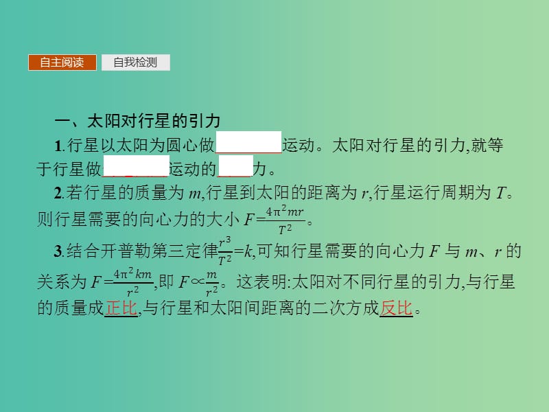 2019版高中物理 第六章 万有引力与航天 6.2 太阳与行星间的引力同步配套课件 新人教版必修2.ppt_第3页