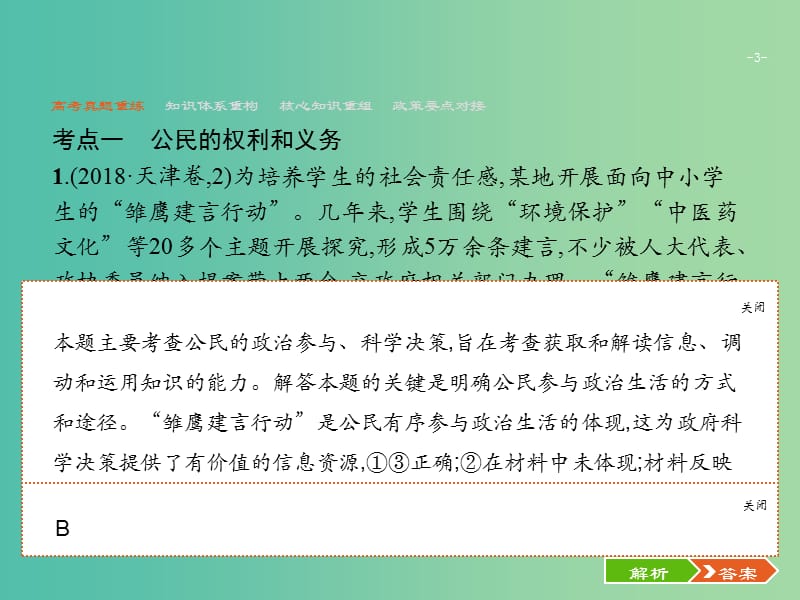 2019版高考政治大二轮复习 第二部分 政治生活-行为主体+政治制度整合法 2.5 政治生活中的行为主体-公民与政府课件 新人教版必修2.ppt_第3页