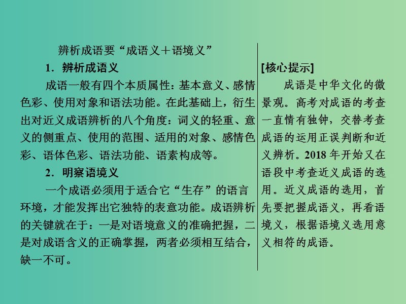 2019年高考语文高分技巧二轮复习 专题七 抢分点一 成语运用题——准确辨析近义成语课件.ppt_第2页