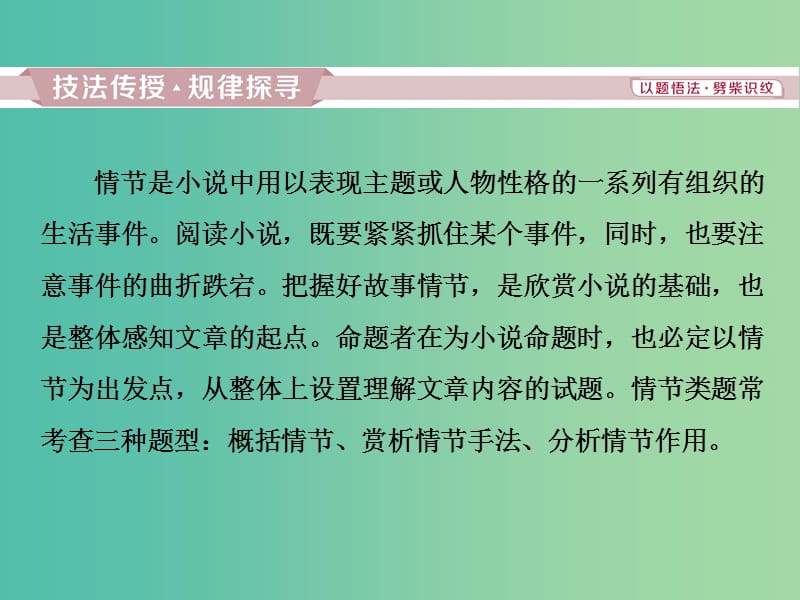 2019届高考语文一轮复习 第三部分 文学类文本阅读 专题一 小说阅读 2 高考命题点一 情节类题课件 苏教版.ppt_第2页