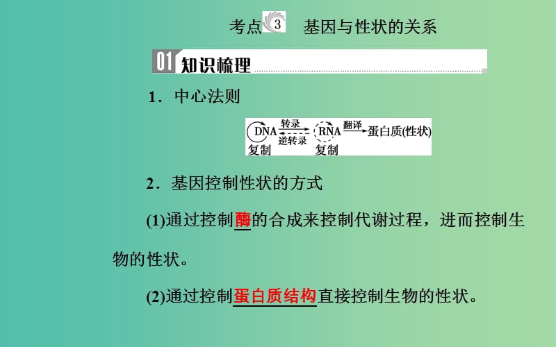 2019高中生物学业水平复习 专题八 遗传的基本规律 考点3 基因与性状的关系课件.ppt_第1页