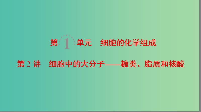 高考生物一轮复习第1单元细胞的化学组成第2讲细胞中的大分子--糖类脂质和核酸课件苏教版.ppt_第1页