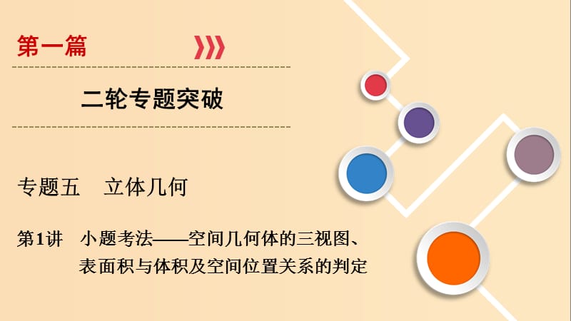 2019版高考数学二轮复习 第1篇 专题5 立体几何 第1讲 小题考法——空间几何体的三视图、表面积与体积及空间位置关系的判定课件.ppt_第1页