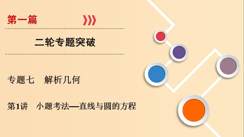 2019版高考数学二轮复习 第1篇 专题7 解析几何 第1讲 小题考法——直线与圆的方程课件.ppt_第1页