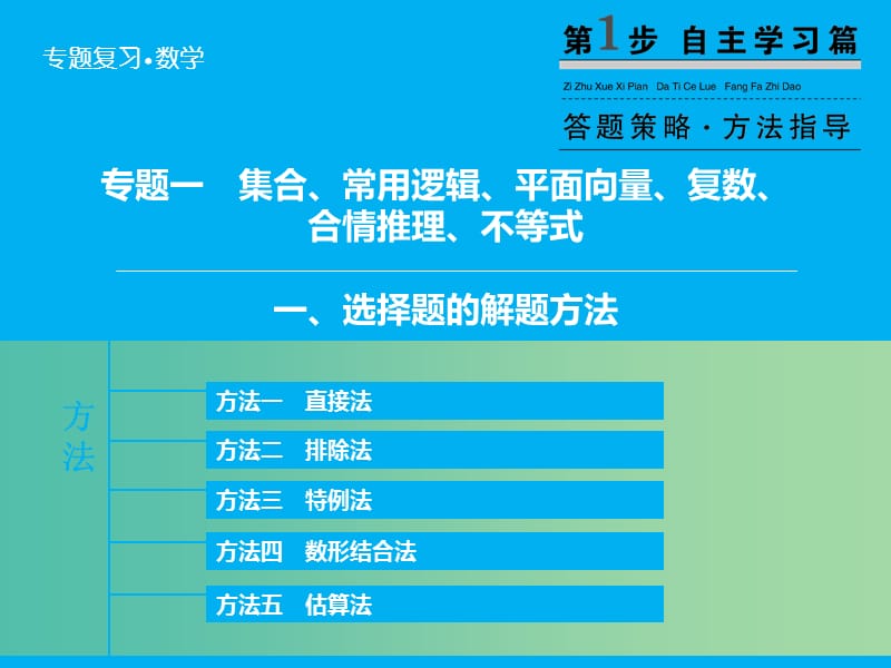 高考数学二轮复习 第1部分 专题1-1 选择题的解题方法课件 文.ppt_第2页