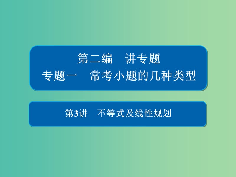 2019高考数学二轮复习第二编专题一常考小题的几种类型第3讲不等式及线性规划课件文.ppt_第1页