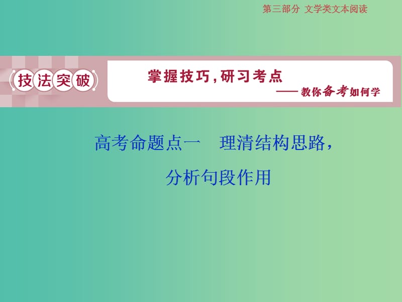 2019届高考语文一轮复习 第三部分 文学类文本阅读 专题二 散文阅读 2 高考命题点一 理清结构思路分析句段作用课件 苏教版.ppt_第1页