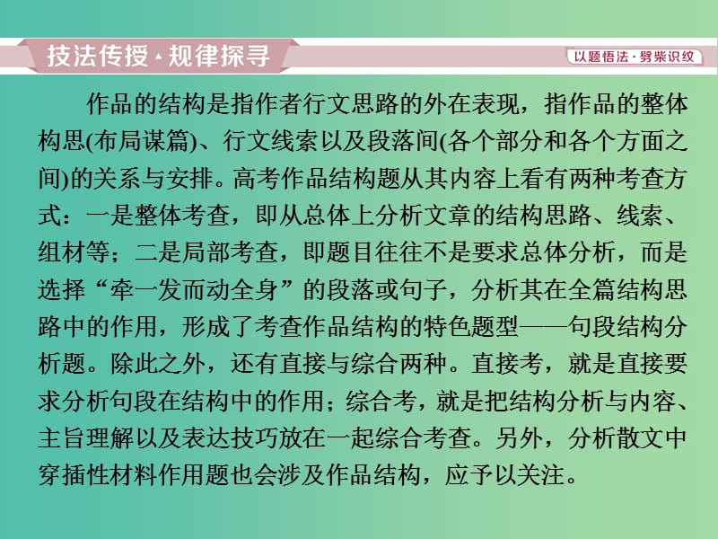 2019届高考语文一轮复习 第三部分 文学类文本阅读 专题二 散文阅读 2 高考命题点一 理清结构思路分析句段作用课件 苏教版.ppt_第2页