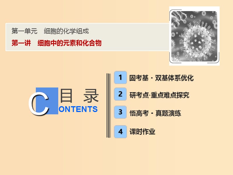 2019版高考生物一轮复习 第一单元 细胞的化学组成 第一讲 细胞中的元素和化合物课件 苏教版.ppt_第1页