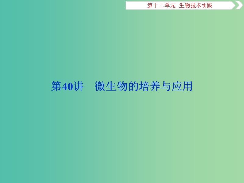 2019届高考生物一轮复习 第十二单元 生物技术实践 第40讲 微生物的培养与应用课件.ppt_第1页