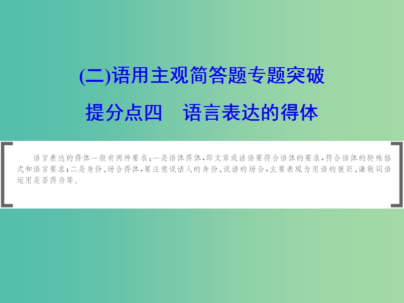 2019年高考语文大二轮复习 第七章 语言文字运用（二）语用主观简答题专题突破 提分点四 语言表达的得体课件.ppt_第1页