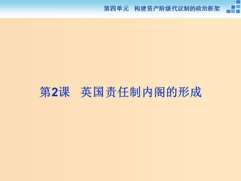 2018年高中歷史 第四單元 構(gòu)建資產(chǎn)階級(jí)代議制的政治框架 第2課 英國(guó)責(zé)任制內(nèi)閣的形成課件 新人教版選修2.ppt_第1頁(yè)