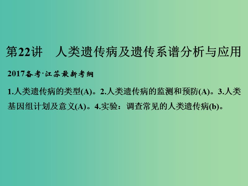 高考生物一輪復習 第七單元 生命的變異、育種與進化 第22講 人類遺傳病及遺傳系譜分析與應用課件.ppt_第1頁