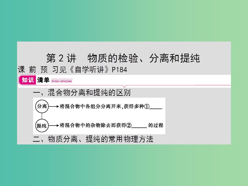 2019年高考化学一轮复习 专题 化学实验基础 第2讲 物质的检验、分离和提纯课件.ppt_第1页