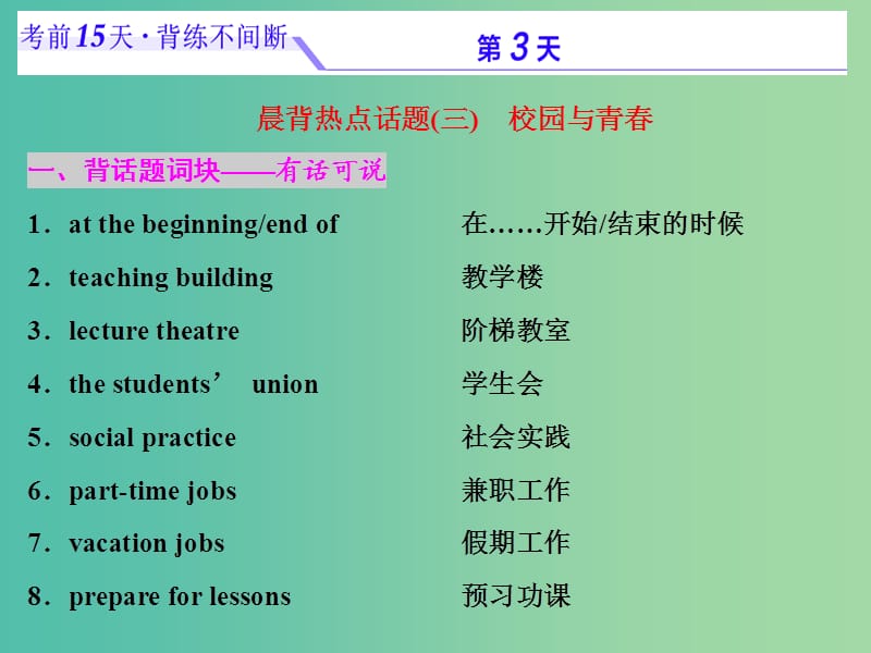 浙江省2019年高考英語二輪復(fù)習(xí) 考前15天 背練不間斷 第三天 校園與青春課件.ppt_第1頁