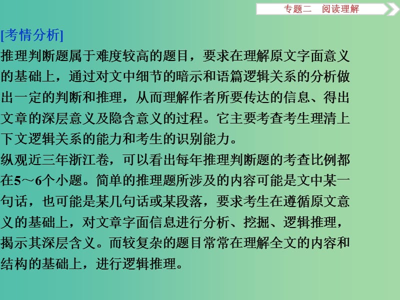 高考英语二轮复习 第二部分 题型突破 专题二 阅读理解 第二讲 推理判断题课件.ppt_第2页