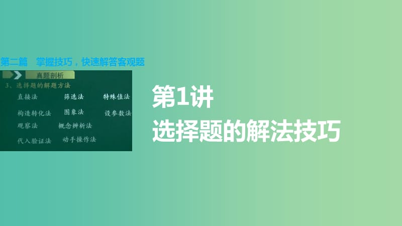 高考数学大二轮总复习 增分策略 第二篇 第1讲 选择题的解法技巧课件.ppt_第1页