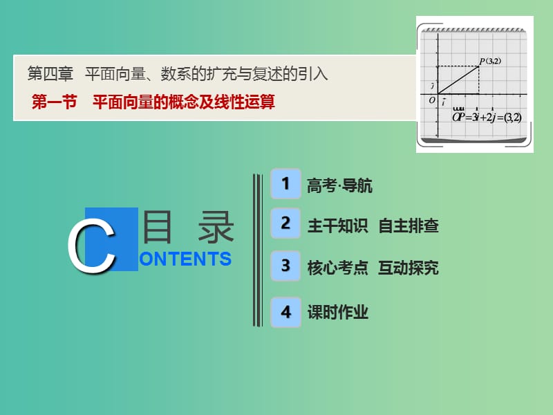 2019届高考数学一轮复习 第四章 平面向量、数系的扩充与复述的引入 第一节 平面向量的概念及线性运算课件.ppt_第1页