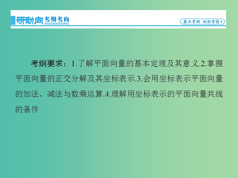 高考数学大一轮复习 第4章 第2节 平面向量基本定理及坐标表示课件 文 新人教版.ppt_第2页