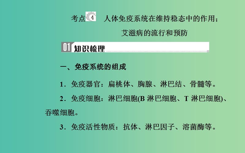 2019高中生物学业水平复习 专题十四 人体的内环境与稳态 考点4 人体免疫系统在维持稳态中的作用；艾滋病的流行和预防课件.ppt_第1页