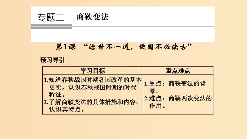 2018-2019学年高中历史专题二商鞅变法2-1“治世不一道便国不必法古”课件人民版选修.ppt_第1页