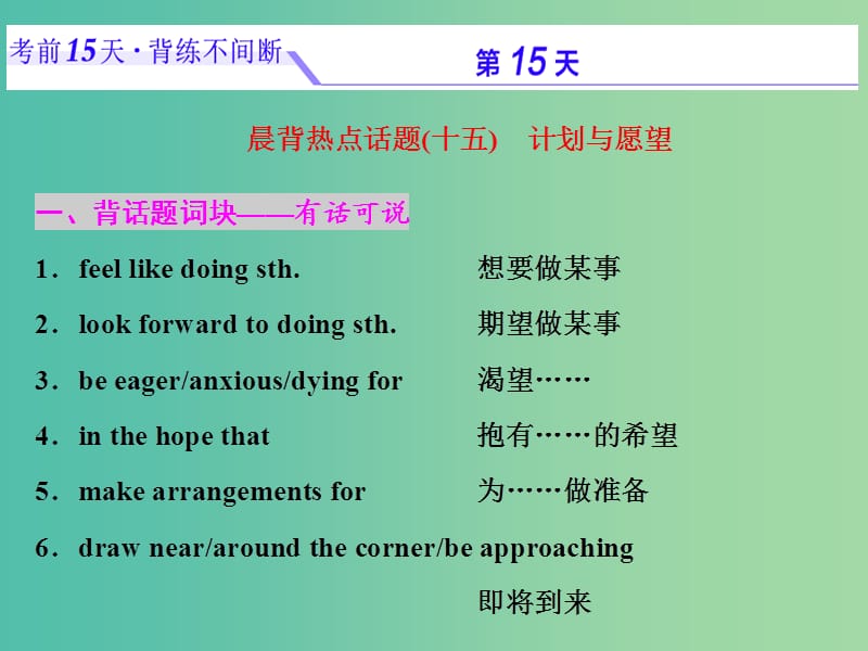 浙江省2019年高考英語二輪復習 考前15天 背練不間斷 第十五天 計劃與愿望課件.ppt_第1頁