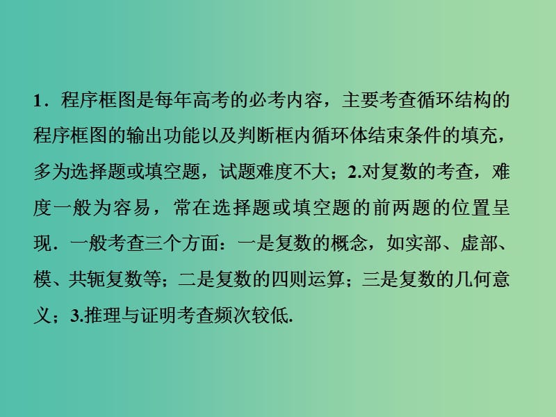 高考数学二轮复习第一部分专题六算法复数推理与证明概率与统计第一讲算法复数推理与证明课件.ppt_第2页