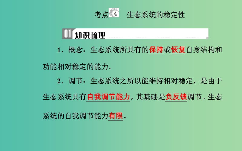 2019高中生物学业水平复习 专题十六 生态系统及生态环境的保护 考点4 生态系统的稳定性课件.ppt_第1页