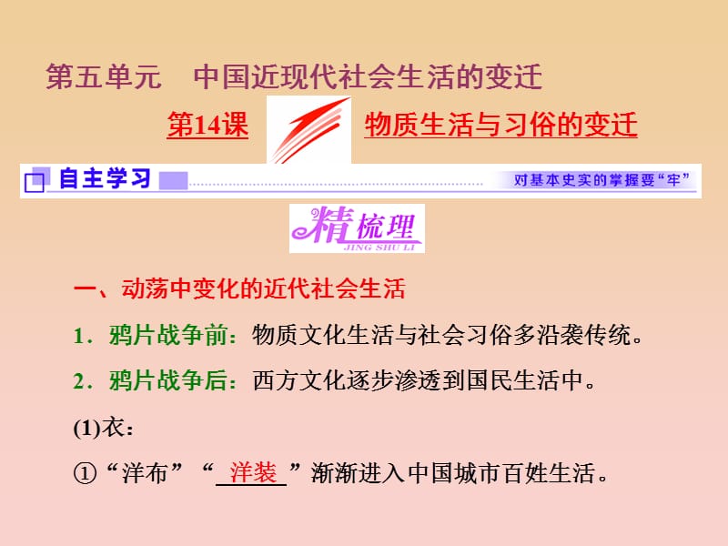 2017-2018学年高中历史 第5单元 中国近现代社会生活的变迁 第14课 物质生活与习俗的变迁课件 新人教版必修2.ppt_第1页